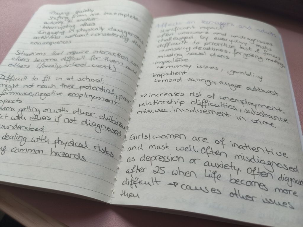 Open notebook depicting study notes from the lesson on ADHD